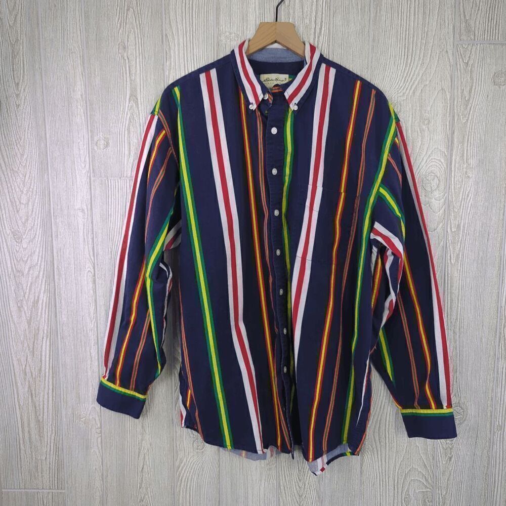 Vintage Eddie Bauer Men's Large Navy Blue Multi Striped Long Sleeve Button Down - Picture 2 of 6